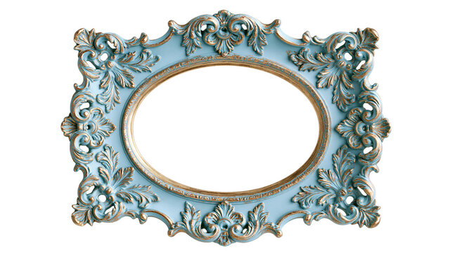 Ornate light blue and gold rectangular picture frame with rococo floral carvings