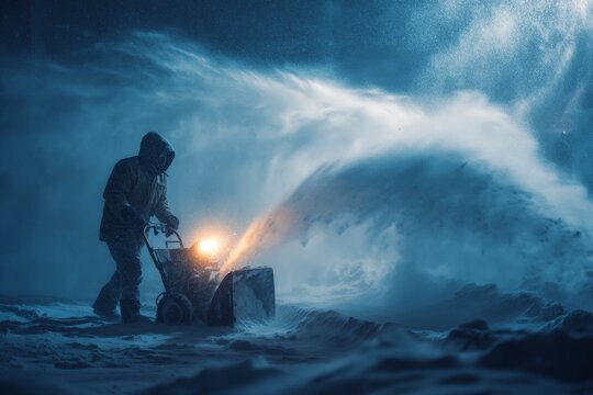 Person clearing snow with a snow blower during a heavy winter storm, surrounded by thick snowfall and strong winds.