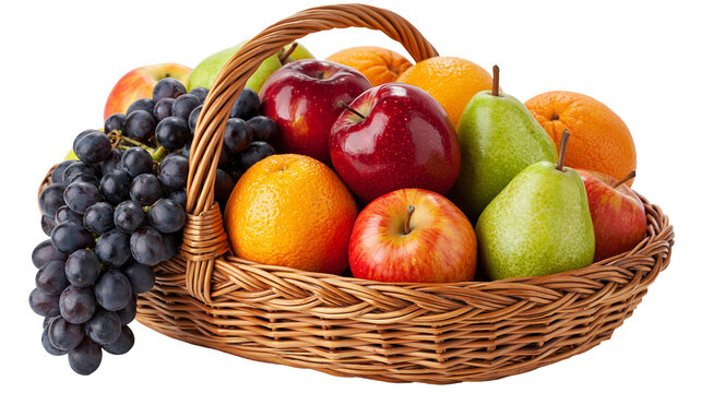 Woven wicker basket filled with fresh red apples green pears, oranges and grapes
