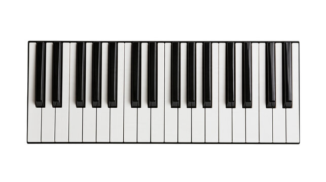 Piano keyboard with black and white keys in a top down view
