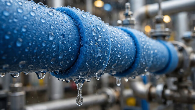 Extreme macro close up of blue insulated industrial cooling pipe covered with heavy water condensation droplets dripping, cold temperature concept