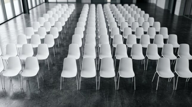 A spacious hall features rows of white modern seating arranged neatly, creating an empty chair boardroom setup with polished concrete flooring and industrial large windows