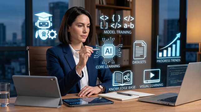 Woman interacting with AI interfaces like model training, datasets, and knowledge base, symbolizing digital transformation and data science innovation