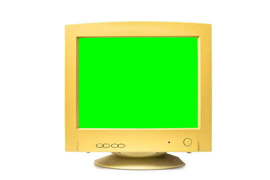Vintage computer monitor empty blank with green screen monitor isolated on white background. Old monitor, mockup