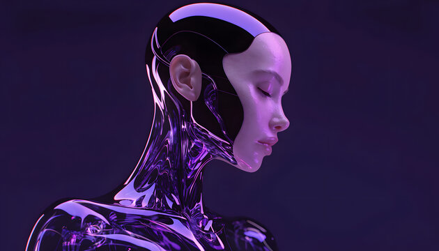 Futuristic female cyborg profile with metallic glass body. Artificial intelligence and robotics concept. Humanoid robot head meditating against dark purple neon background