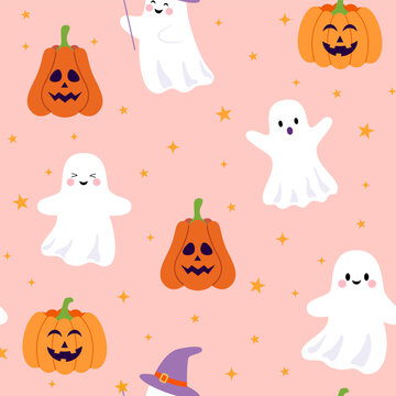 Seamless Halloween pattern. Cute ghost and pumpkin characters on pink background.