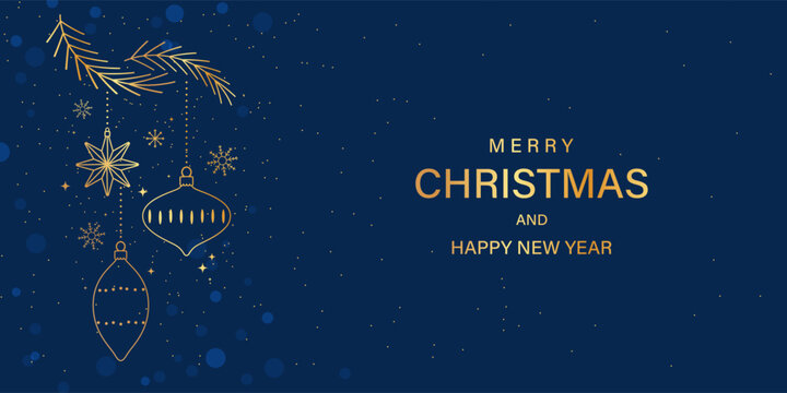 Christmas and New Year greeting banner in luxury dark blue and sparkling gold colors. 