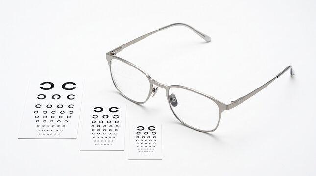 Silver eyeglass frame and eye charts on a white background, symbolizing vision, optical health, and eye examination, suitable for medical or technology concepts.