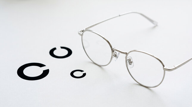 Eyeglasses next to optotype symbols on a white surface, representing vision testing and eye care, ideal for health and medical concepts.