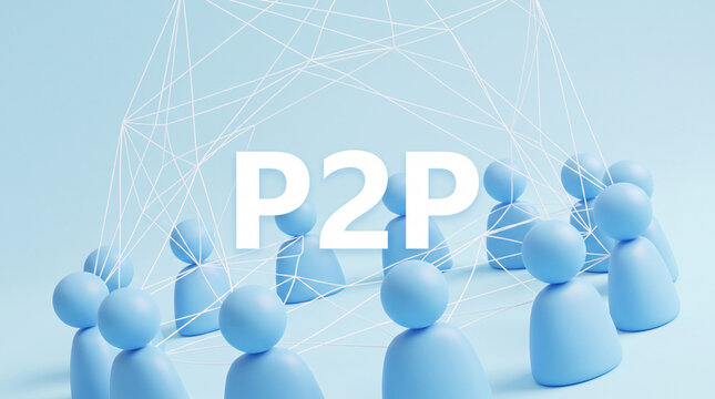 Abstract group of blue figures connected by white lines, representing network or collaboration, with "P2P" text, symbolizing peer-to-peer connection.