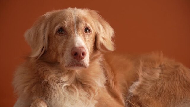A Nova Scotia Duck Tolling Retriever dog looks toward camera indoors. Warm orange background and soft fur create cinematic portrait atmosphere.