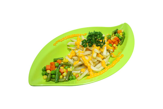 French fries topped with melted cheese sauce garnished with mixed vegetables parsley isolated on plain background
