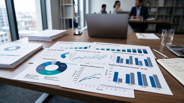 Business report with charts, graphs, and notebook on a wooden desk, symbolizing financial analysis, strategy, and planning, perfect for corporate concepts.