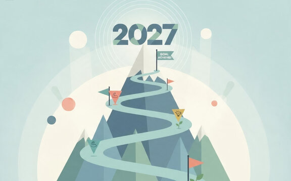 The ambitious ascent towards 2027 goals, a symbolic journey of progress, strategy, and overcoming challenges to achieve success and new beginnings