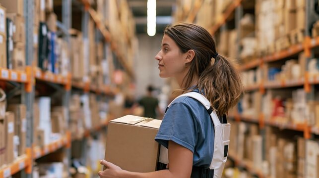 Young woman wearing a posture support brace while holding a cardboard box in a warehouse aisle