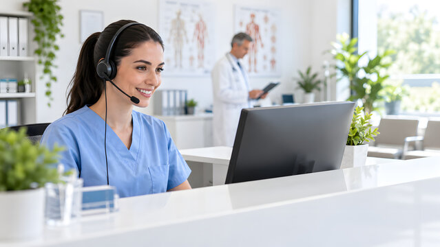 Female Medical Receptionist Wearing Headset at Clinic Front Desk, Healthcare Customer Service, Patient Support, Appointment Scheduling and Hospital Administration Concept