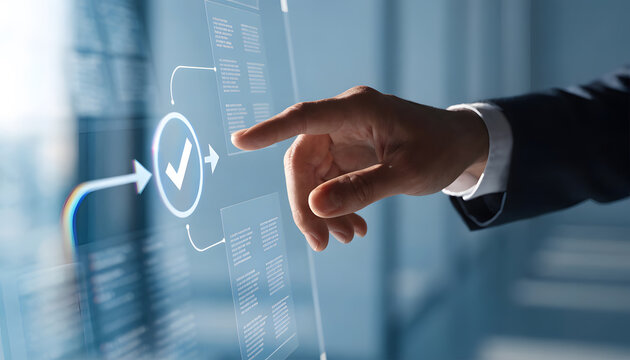 Digital approval process and document workflow system. Enterprise verification and task automation concept. Businessman touching checkmark button on transparent touchscreen interface