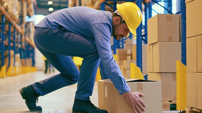 Warehouse worker in a yellow hard hat lifting a cardboard box from the floor in a storage facility