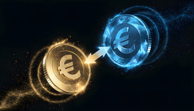 Currency exchange and digital euro transaction concept. Financial technology and international banking trade. Glowing gold euro coin trading with blue digital euro coin against black