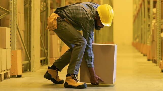 Warehouse worker in a yellow hard hat lifting a heavy cardboard box from the concrete floor