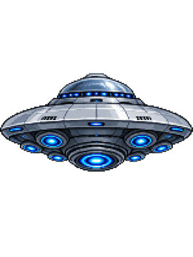 Pixel art game asset: a metallic alien spacecraft (UFO/flying saucer) featuring circular engine details, suitable for sci-fi film compositing.