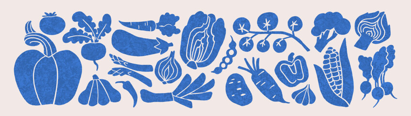 Obraz na płótnie Canvas Vegetable silhouettes, farm food icons. Isolated vegetable illustrations, linocut texture food stamps, blue prints. Harvest, abstract shapes, carrot, pumpkin, beet icons. Vector illustrations