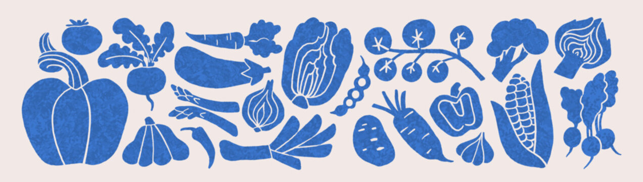 Vegetable silhouettes, farm food icons. Isolated vegetable illustrations, linocut texture food stamps, blue prints. Harvest, abstract shapes, carrot, pumpkin, beet icons. Vector illustrations