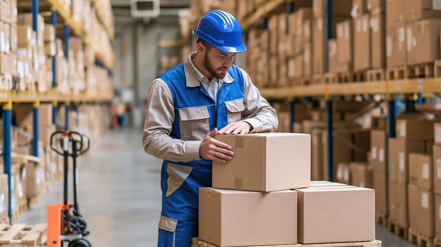 Warehouse worker in blue hard hat inspecting cardboard boxes for shipping and logistics tasks