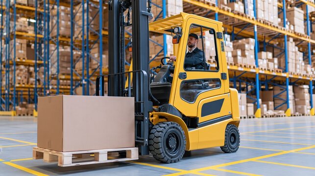 A professional forklift operator maneuvering a large cardboard box inside a modern warehouse