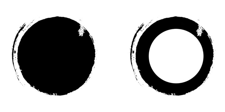 Black circles in vintage style on white background. Ink brush stroke. Design brush