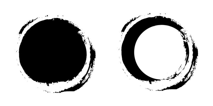 Black circles in vintage style on white background. Ink brush stroke. Design brush
