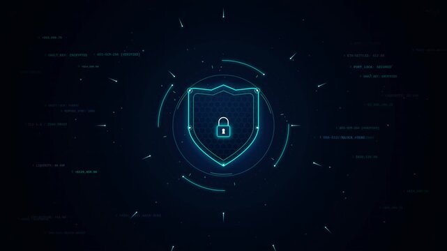 Digital cyber security shield with padlock icon and encryption data stream, network protection, privacy technology