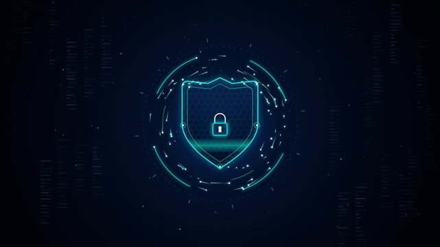 Digital cyber security shield with padlock icon and data protection network, risk management and threat analysis