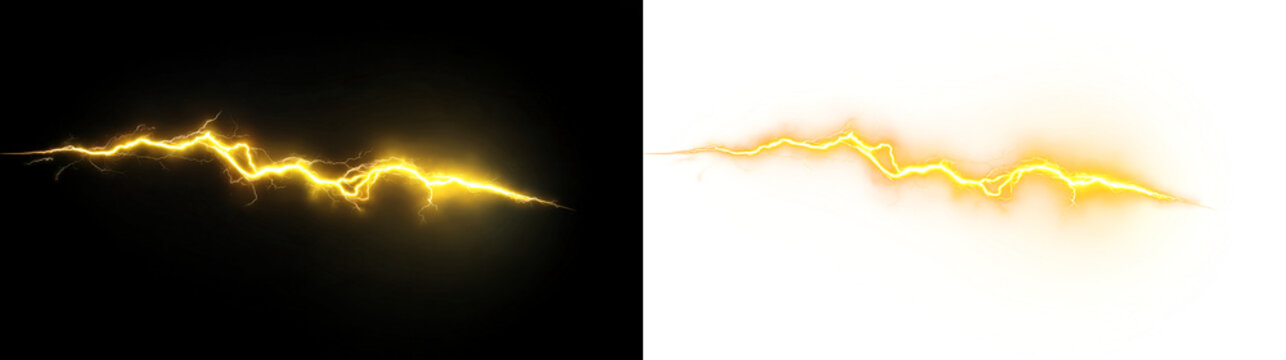 Lightning strike on a transparent background, yellow lightning flash. Lightning, lightning strike PNG. Natural light effect.