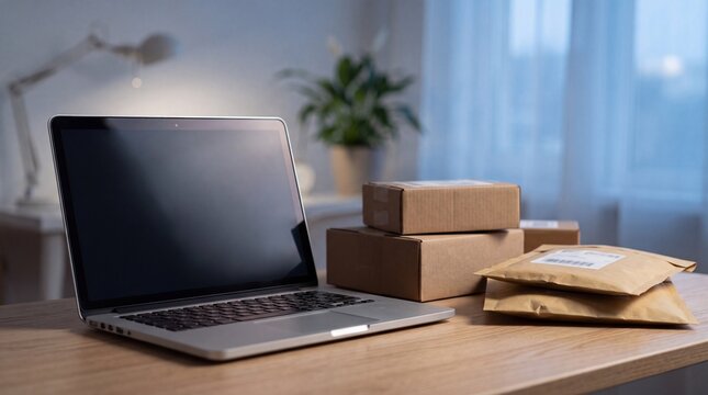 Laptop and unopened delivery packages on desk in evening interior