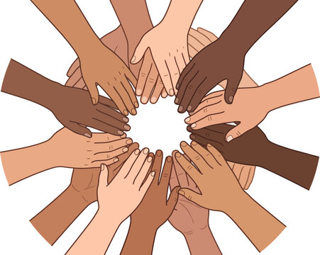 Diverse hands linking together in a circle, symbolizing unity and collaboration for a global