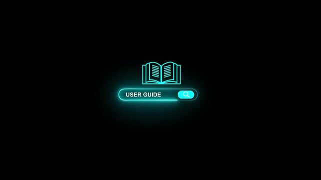 Glowing cyan neon user guide search bar button with open book manual icon for help interface on dark black background.