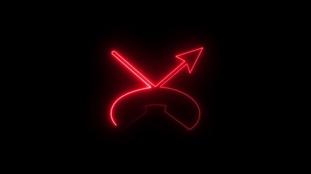 Glowing red neon missed phone call icon with crossed diagonal arrow symbol for digital communication on dark black background.