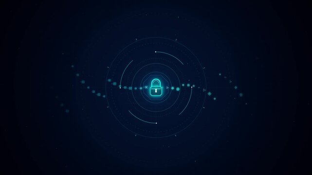 Digital data encryption and cybersecurity motion graphic featuring glowing padlock icon with security circles, secure network protection, safety protocol