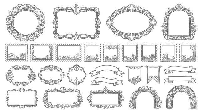 Vector set of hand-drawn nautical frames, decorative borders, and banners featuring sea shells, anchors, waves, and maritime elements for design projects