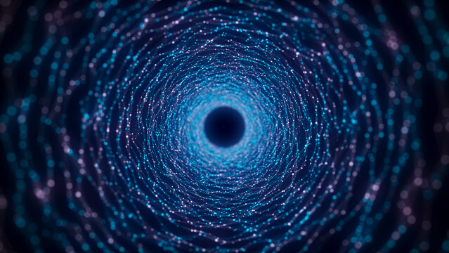 Abstract 3d portal. Tunnel or wormhole. Digital blue background with connected blue dots. 3d rendering.
