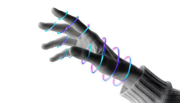 Futuristic glowing cyber rings wrapping around human fingers. Augmented connectivity and bionic tech. Hand reaching forward entwined with luminous spiral light beams
