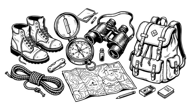Vintage Hand Drawn Hiking and Camping Equipment Set, Adventure Travel Gear with Backpack, Boots, Compass, Binoculars and Topographic Map Illustration