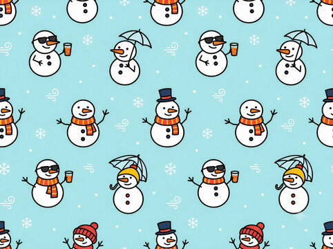 snowman seamless pattern on light blue background with winter elements
