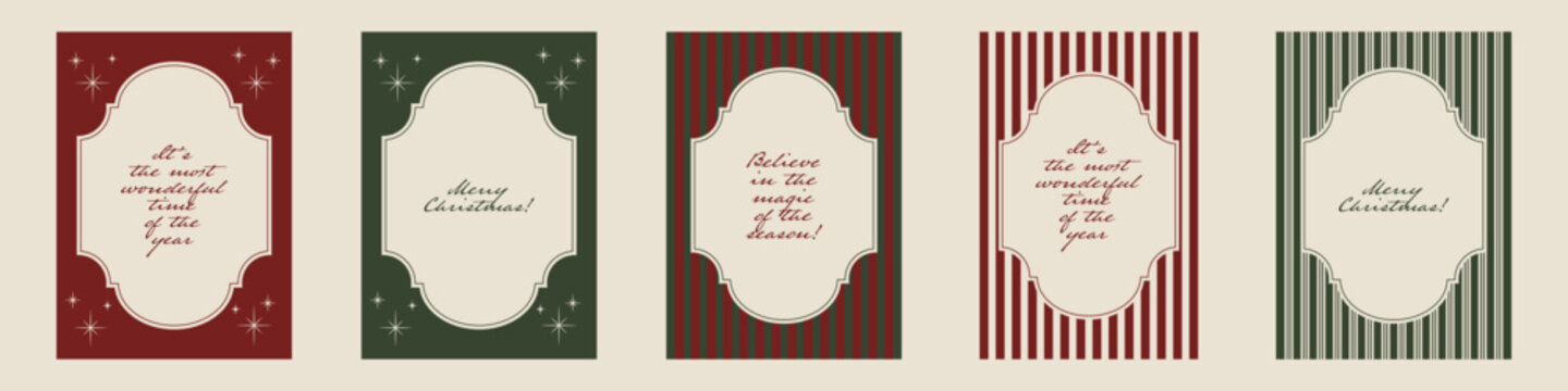Collection of five vintage Christmas cards with ornate cream frames, handwritten festive messages, stars and striped patterns in red and green