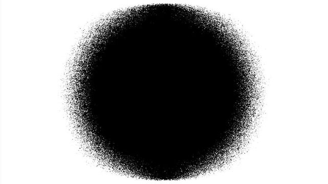 Abstract black ink splash stipple spray dispersion powder burst circular gradient silhouette isolated on white background.