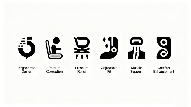 The minimalist ergonomic seat icon represents posture correction, stress relief, and muscle protection, suitable for advertising and promoting protective gear and massage products.

