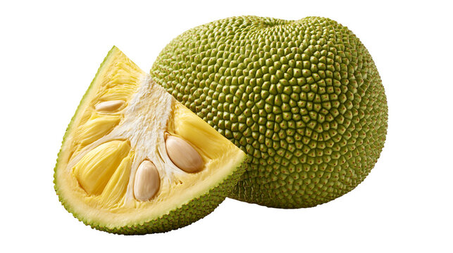 Whole and sliced fresh jackfruit with yellow pulp and seeds