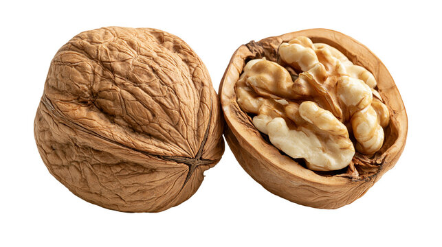 Whole and cracked walnut with textured brown shell and raw nut meat kernel