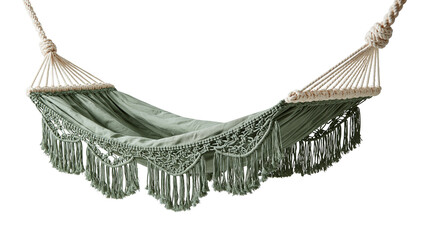 Sage green cotton hammock with decorative macrame fringe and braided rope suspension © Ophelia